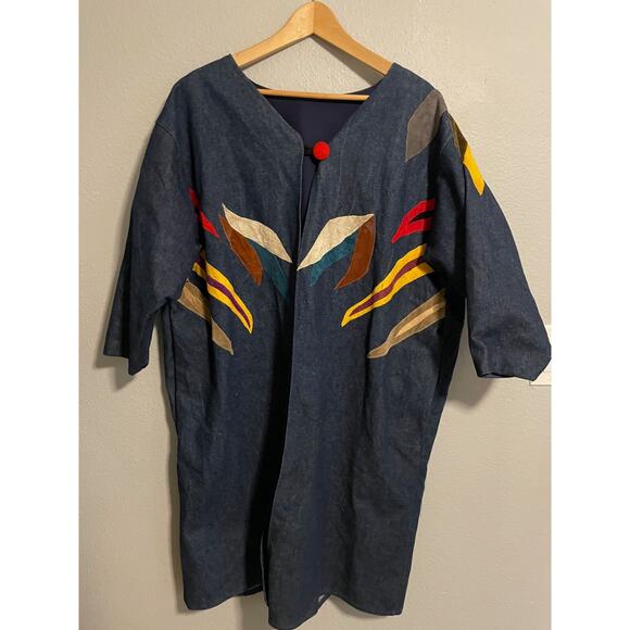 Handmade Jackets & Blazers - Vintage Handmade Womens Cape Size XL Denim Aztec Suede Trim Southwestern Artsy